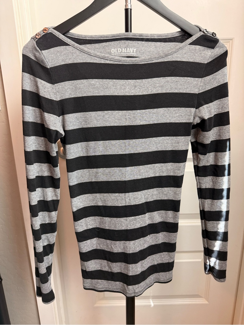 Old Navy Black & Gray Striped Boatneck Long Sleeve Top